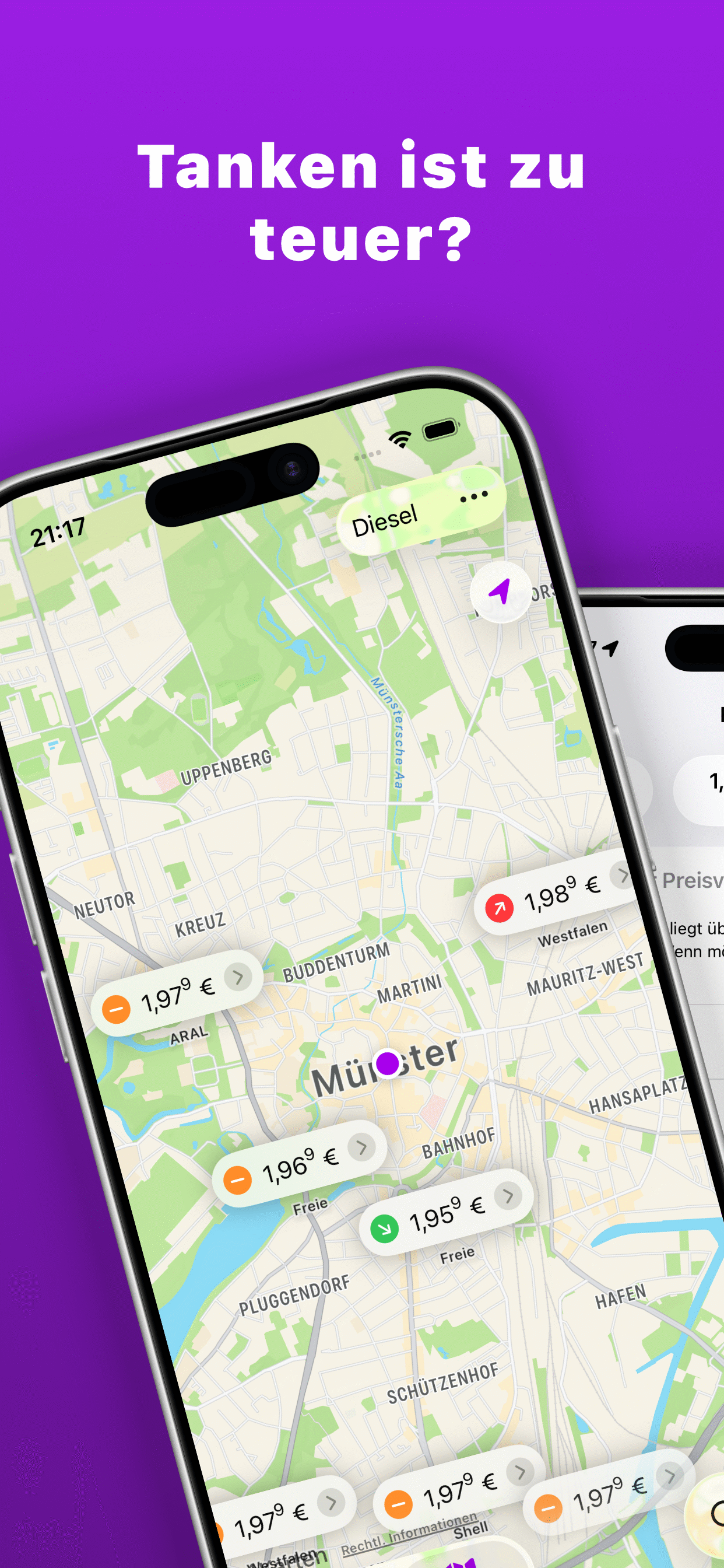 Heptan App: Kartenansicht mit den aktuellen Spritpreisen der Tankstellen in der Umgebung