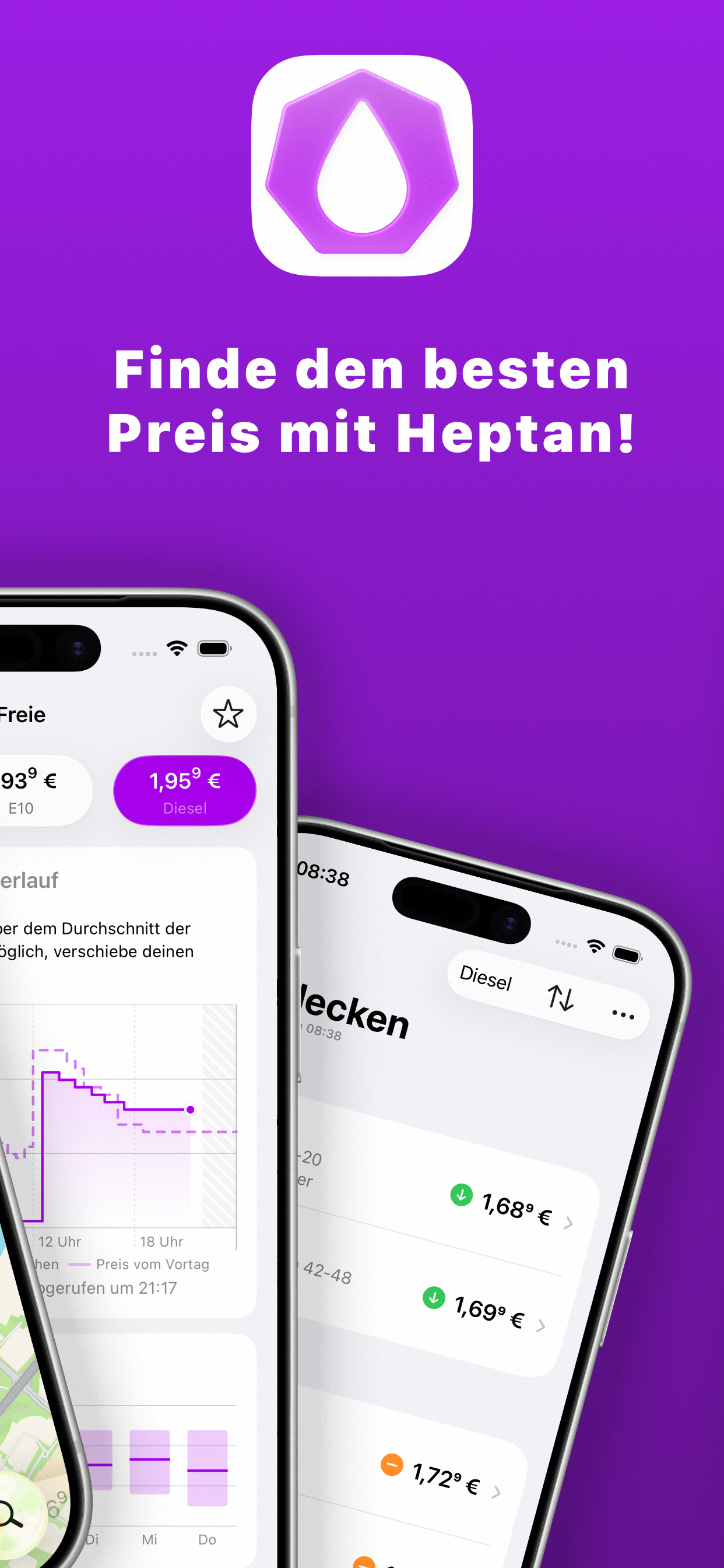 Heptan App: Preisverlauf mit Prognose und nach Preis sortierte Tankstellenliste
