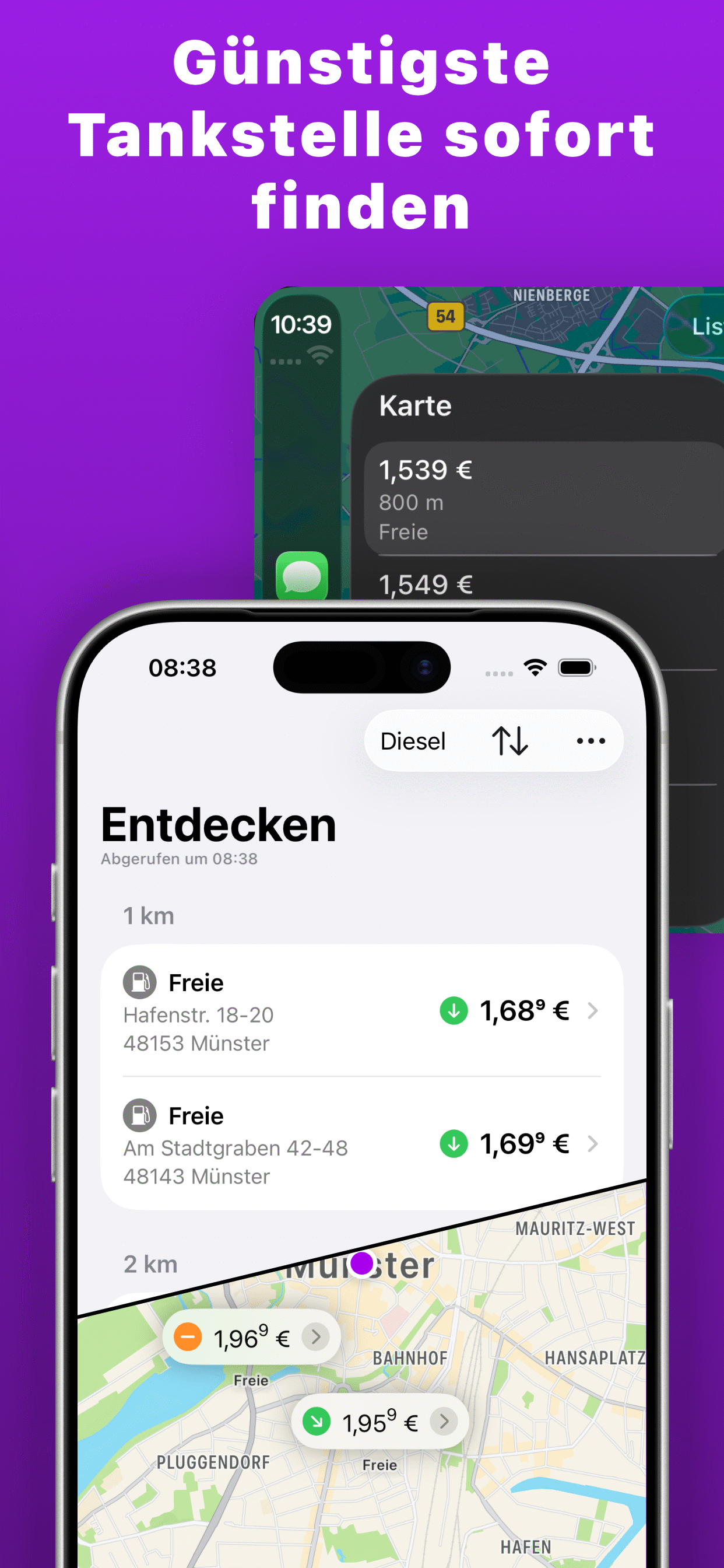 Heptan App: Liste der günstigsten Tankstellen in der Nähe mit Entfernung und Preis