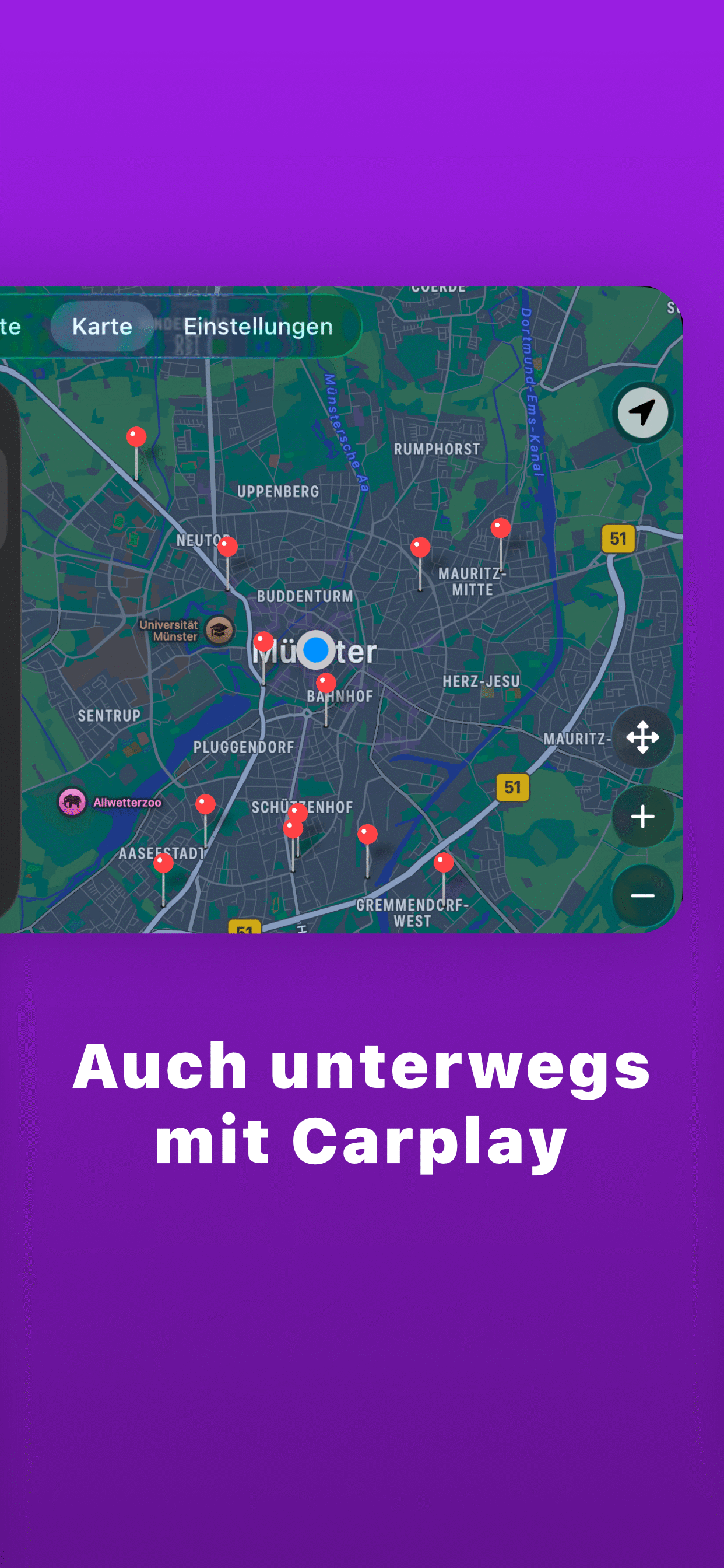 Heptan App: Kartenansicht mit Tankstellen-Markierungen in Apple CarPlay